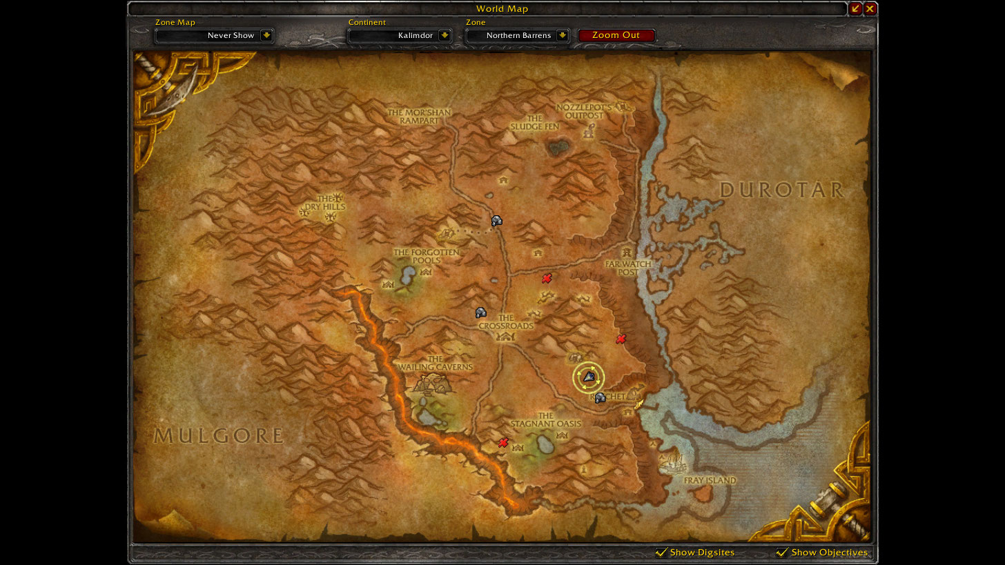 Location of Kor'kron Flameworgs on the current Northern Barrens map.