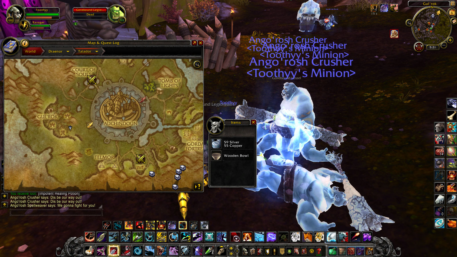 Wooden Bowl being looted from Gorebound Legionnaire in Gul'Rok camp with map