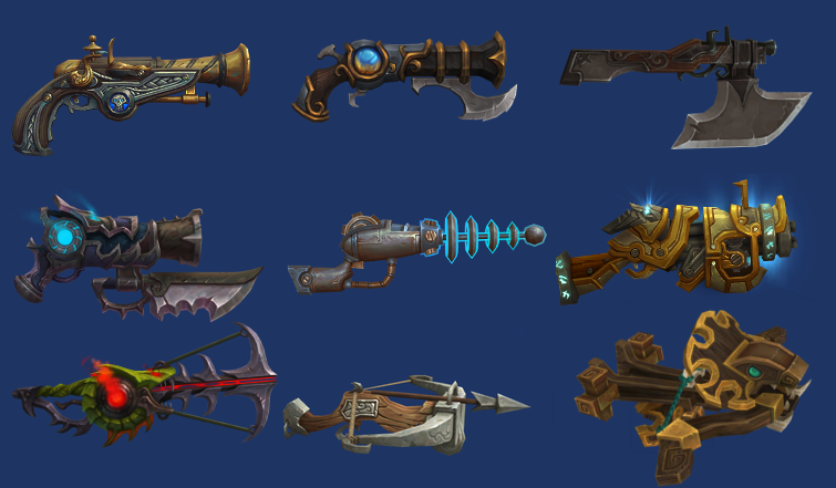 Nine ranged weapons that could be used like pistol shot.
