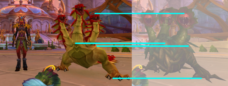 Lines showing the height of their &quot;shoulders&quot;, base of their feet, location of the neck base, and height of one head. Middle head is sunken down on mandragoras, but surely this can get fixed.