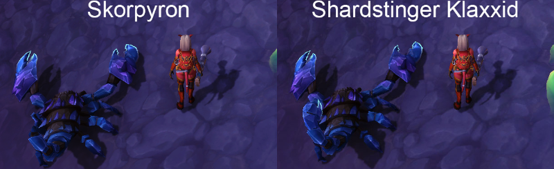 Size comparison of Skorpyron with Shardstinger Klaxid, the first blue one I could find in Voidstorm, which sadly does not display the traits mentioned by my peers.